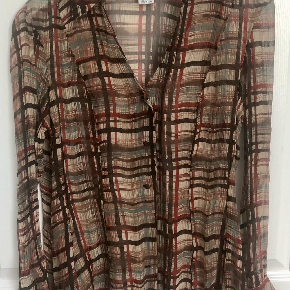 Nine West Brown and Cream Buttoned Blouse with Notched Collar